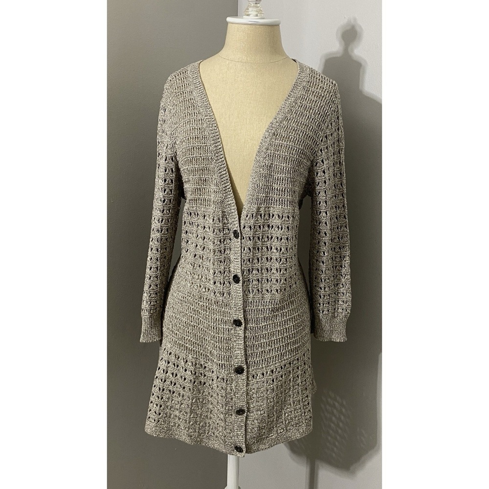 DKNY Women's Open Knit Cardigan Size Large Beige/Taupe BOHO Cottagecore Layering